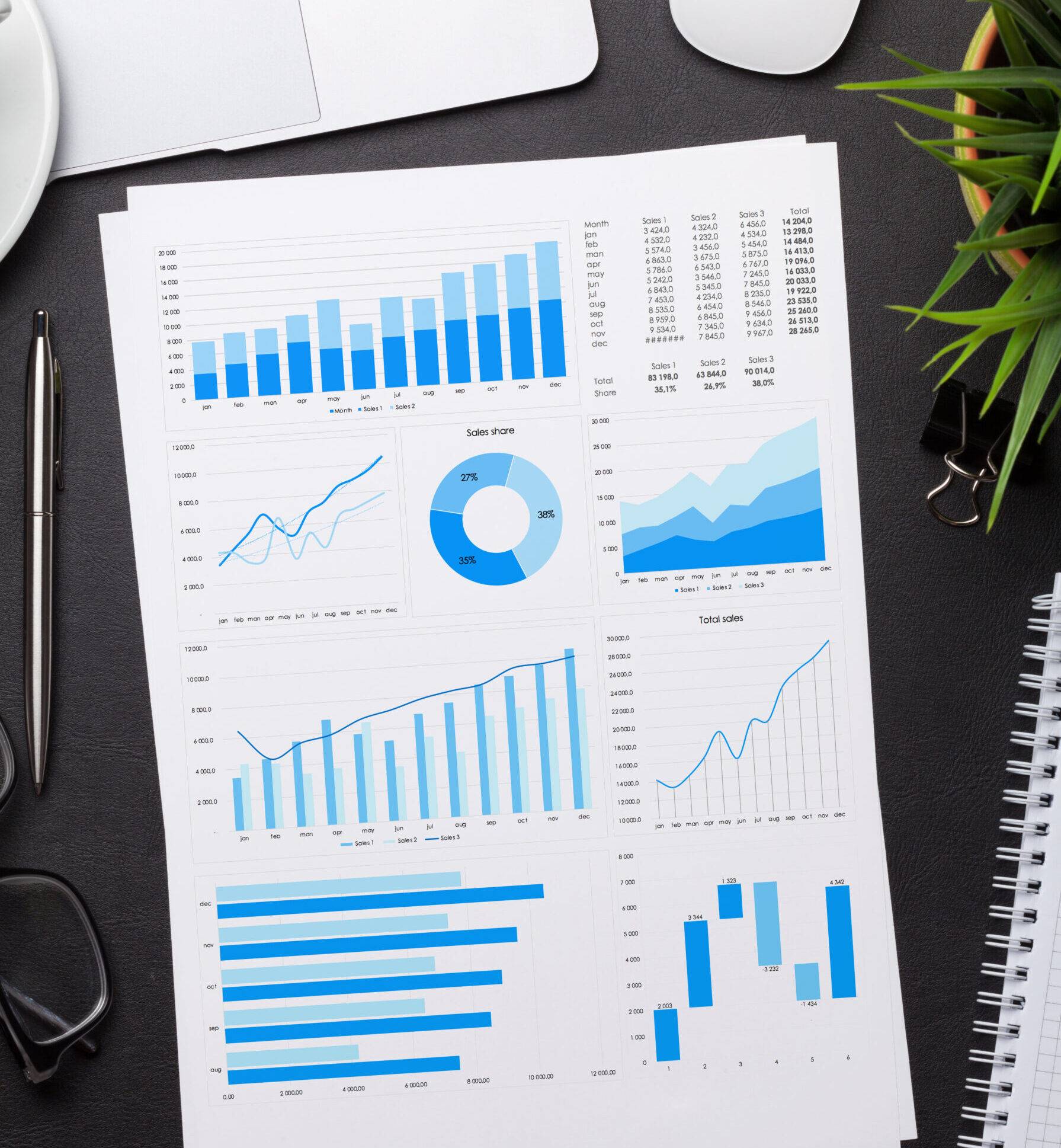 Office workplace table with reports